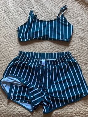 Striped Two-Piece Swim Set in Teal and White